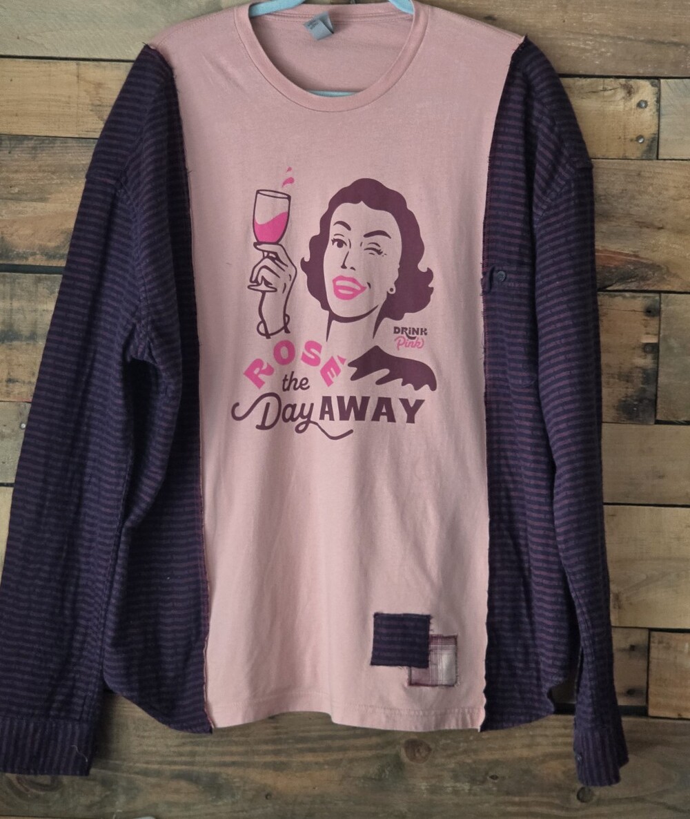 Upcycled Pink Graphic T-shirt Long-Sleeve Women's Top - 'Rose the Day Away'